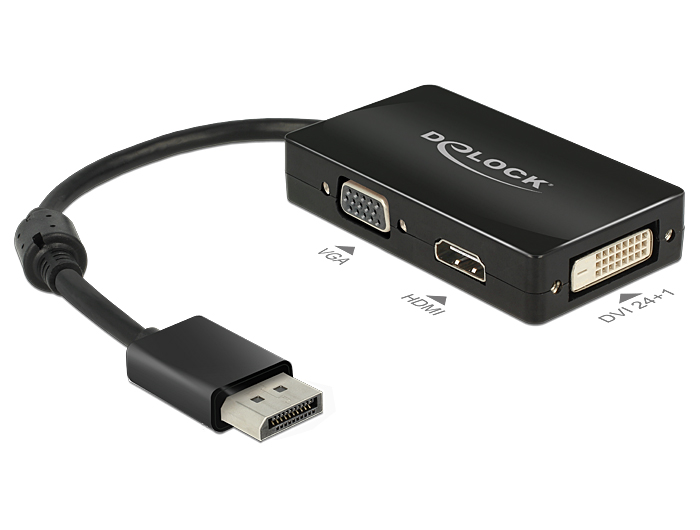 DeLock Adapter Displayport 1.1 male > VGA / HDMI / DVI female Passive Black