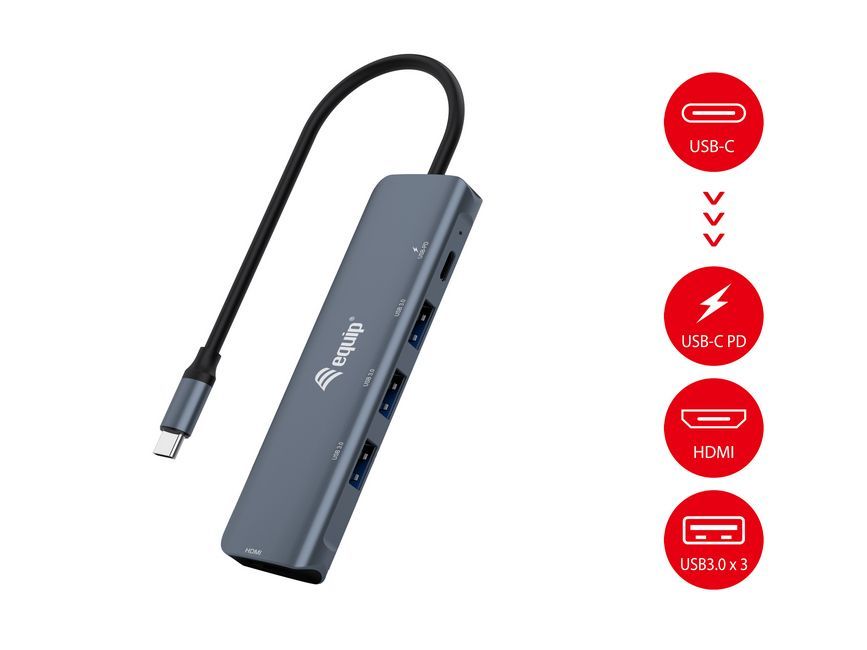 EQuip USB-C 5 in 1 Multifunctional Adapter, HDMI, USB 3.2 GEN1, 100W USB PD Grey