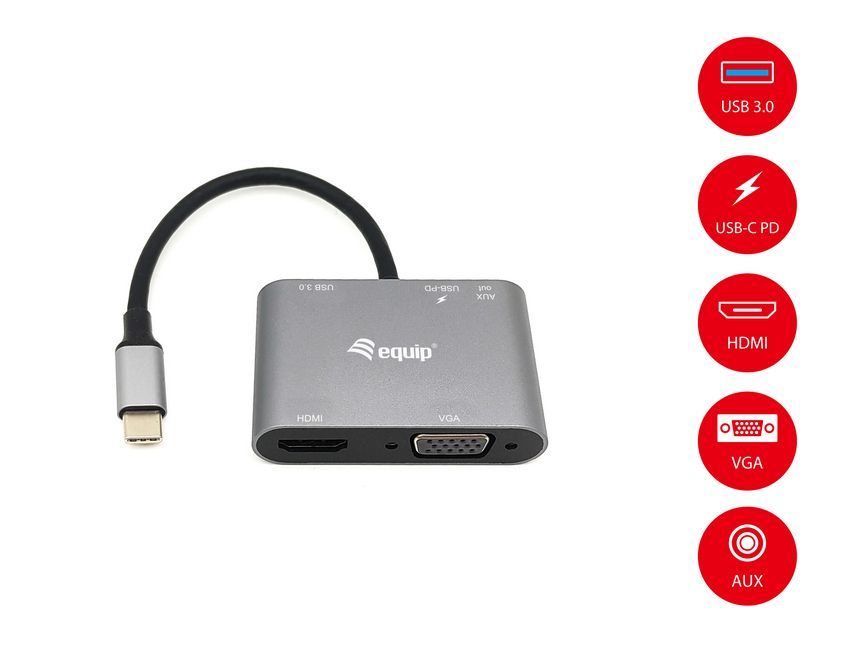 EQuip USB-C 5 in 1 Multifunctional Adapter, HDMI, VGA (HD15), PD 100W, USB3.0, AUX