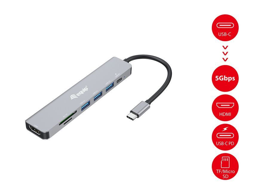 EQuip USB-C 7 in 1 Multifunctional Adapter, HDMI 4K/60Hz, USB 3.2 Gen1 x 3 , TF/MICRO SD, 100W USB PD