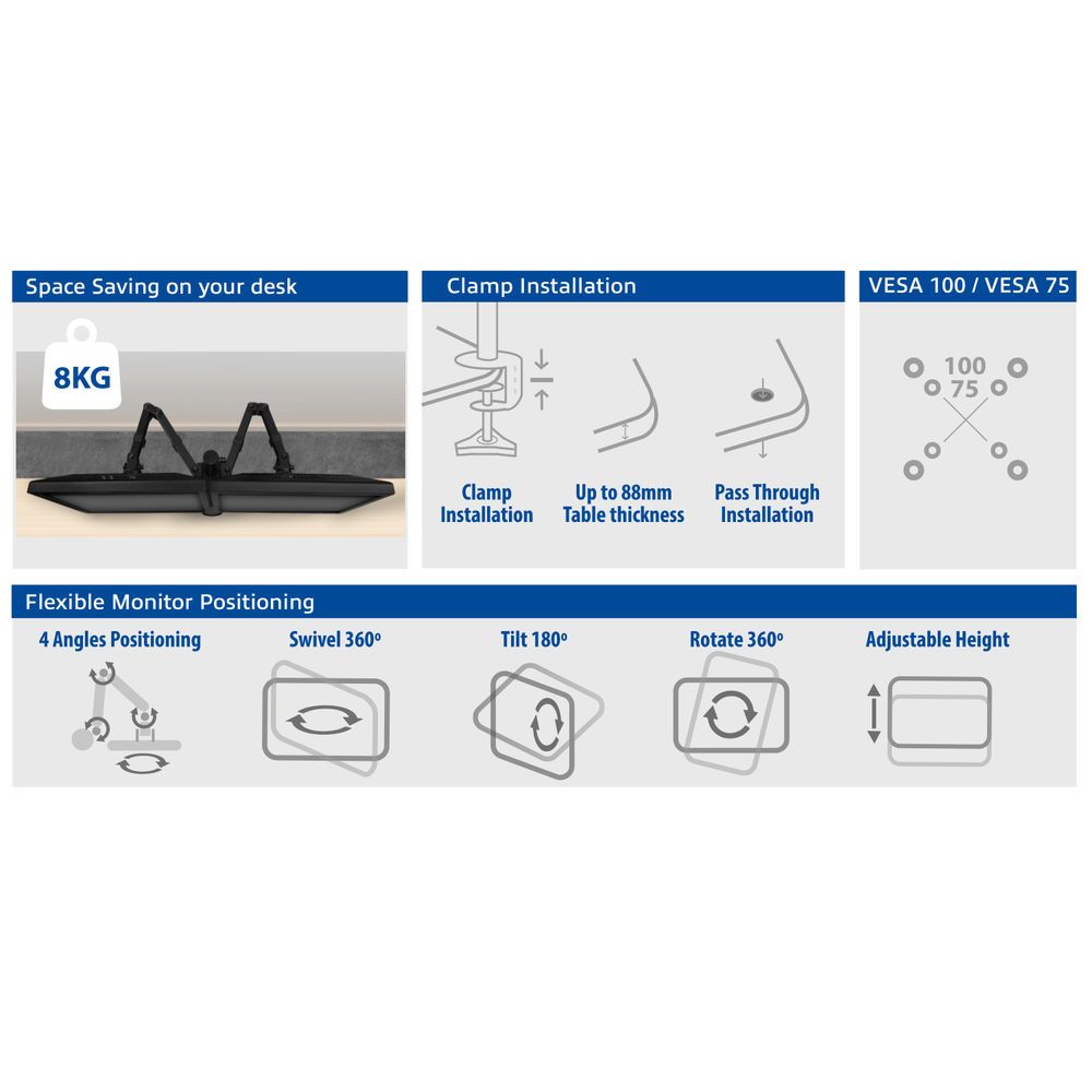 ACT AC8302 Monitor Desk Mount For 2 Monitors / Up to 32