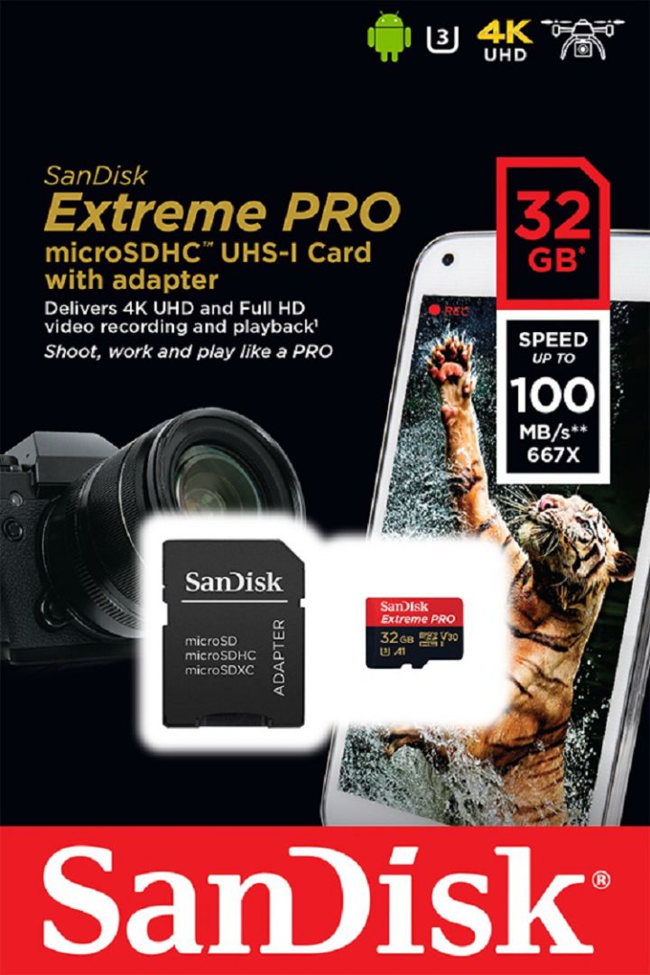 Sandisk 32GB microSDHC Extreme Pro Class 10 UHS-I V30 A1 + adapterrel