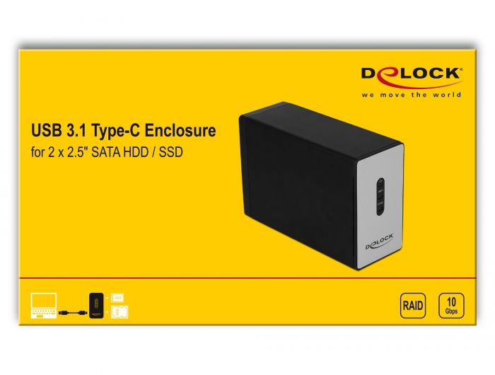 DeLock External USB 3.1 Type-C Enclosure for 2 x 2.5″ SATA HDD / SSD with RAID