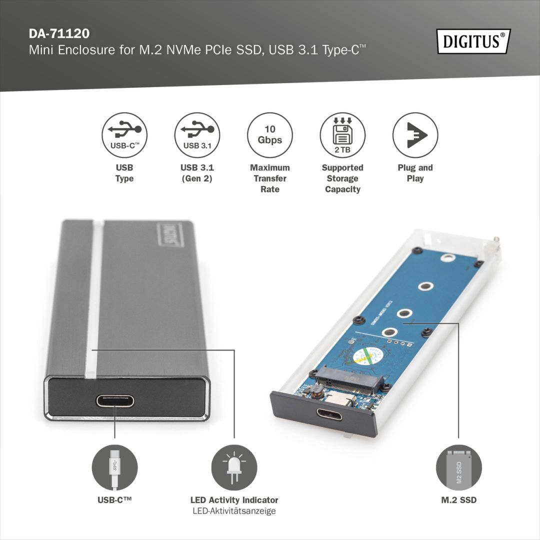 Digitus Mini Enclosure for M.2 NVMe PCIe SSD USB3.1 Type-C Black
