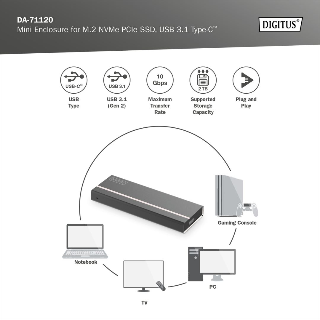 Digitus Mini Enclosure for M.2 NVMe PCIe SSD USB3.1 Type-C Black