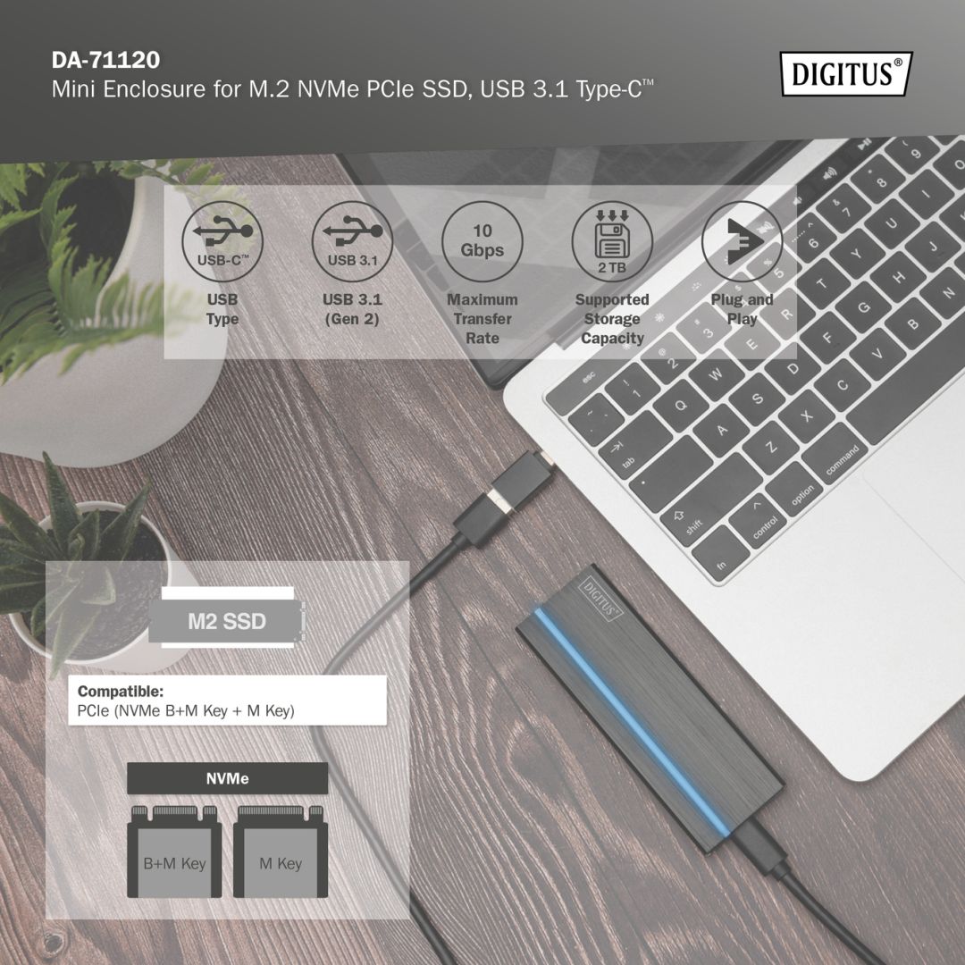 Digitus Mini Enclosure for M.2 NVMe PCIe SSD USB3.1 Type-C Black