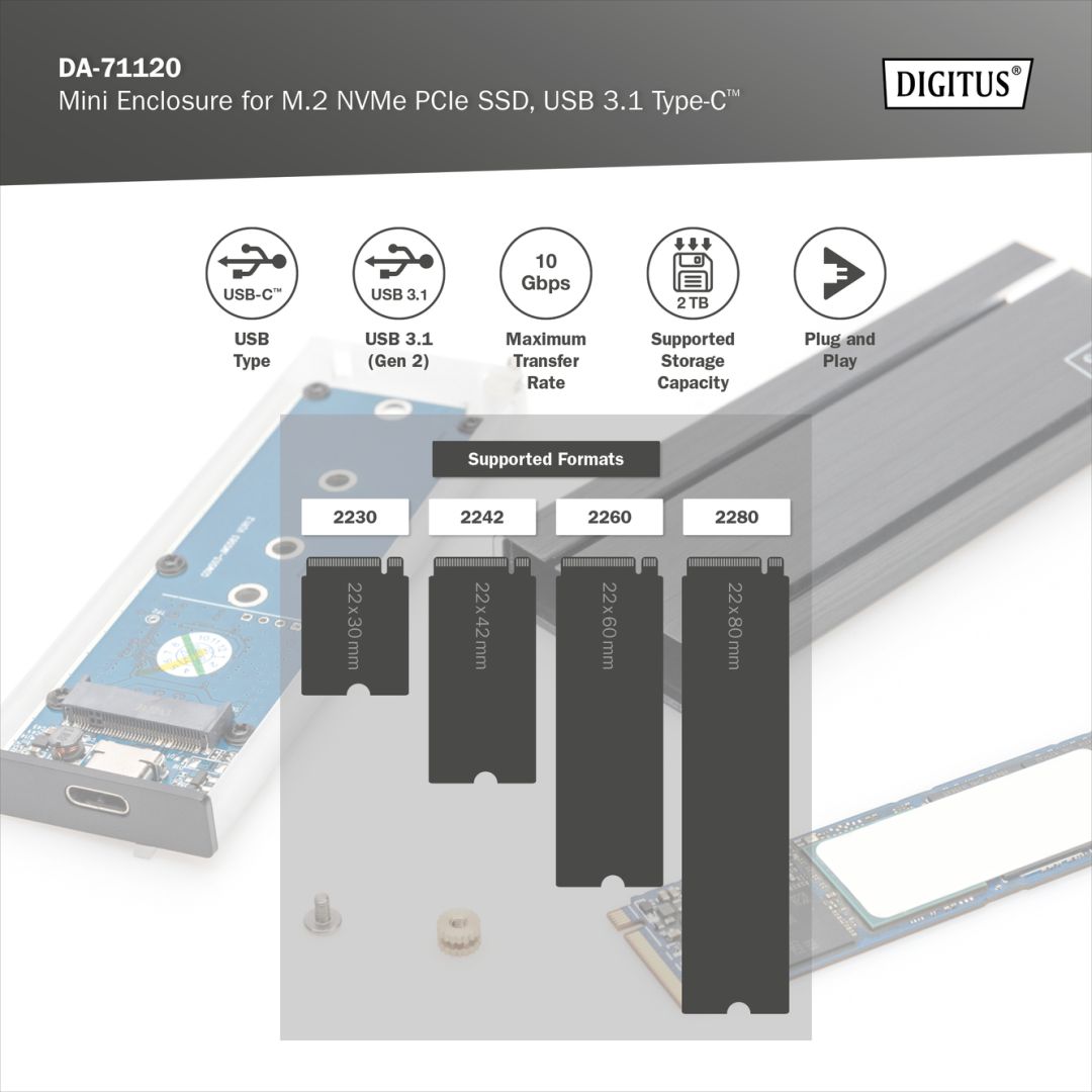 Digitus Mini Enclosure for M.2 NVMe PCIe SSD USB3.1 Type-C Black