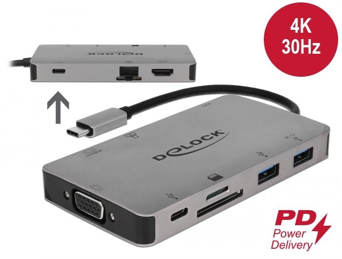 DeLock USB Type-C Docking Station 4K - HDMI/VGA/USB 3.1/SD/LAN/PD 3.0