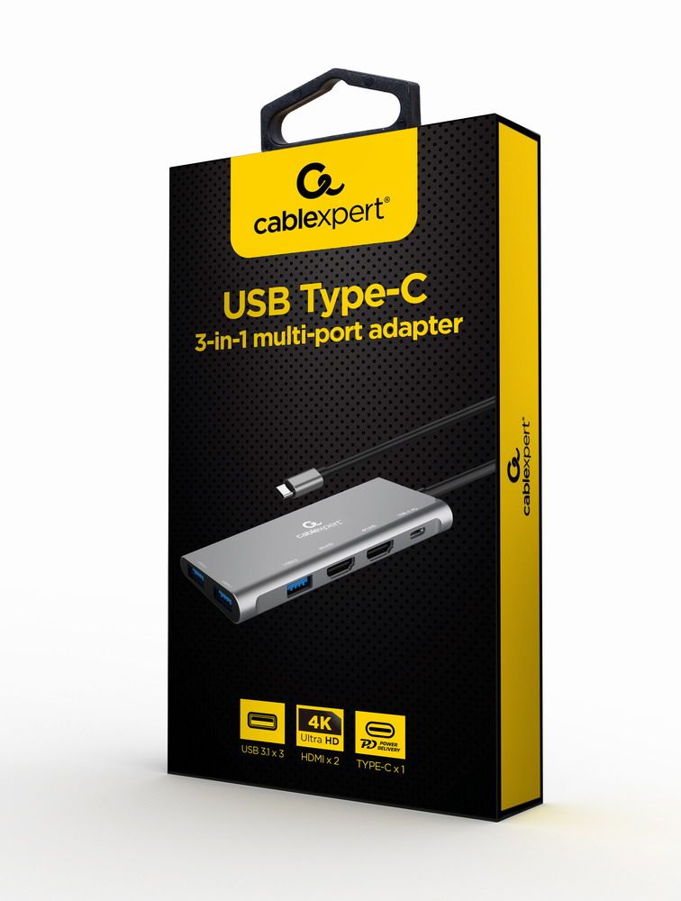 Gembird A-CM-COMBO3-01 USB Type-C 3-in-1 Multi-Port Adapter Space Grey