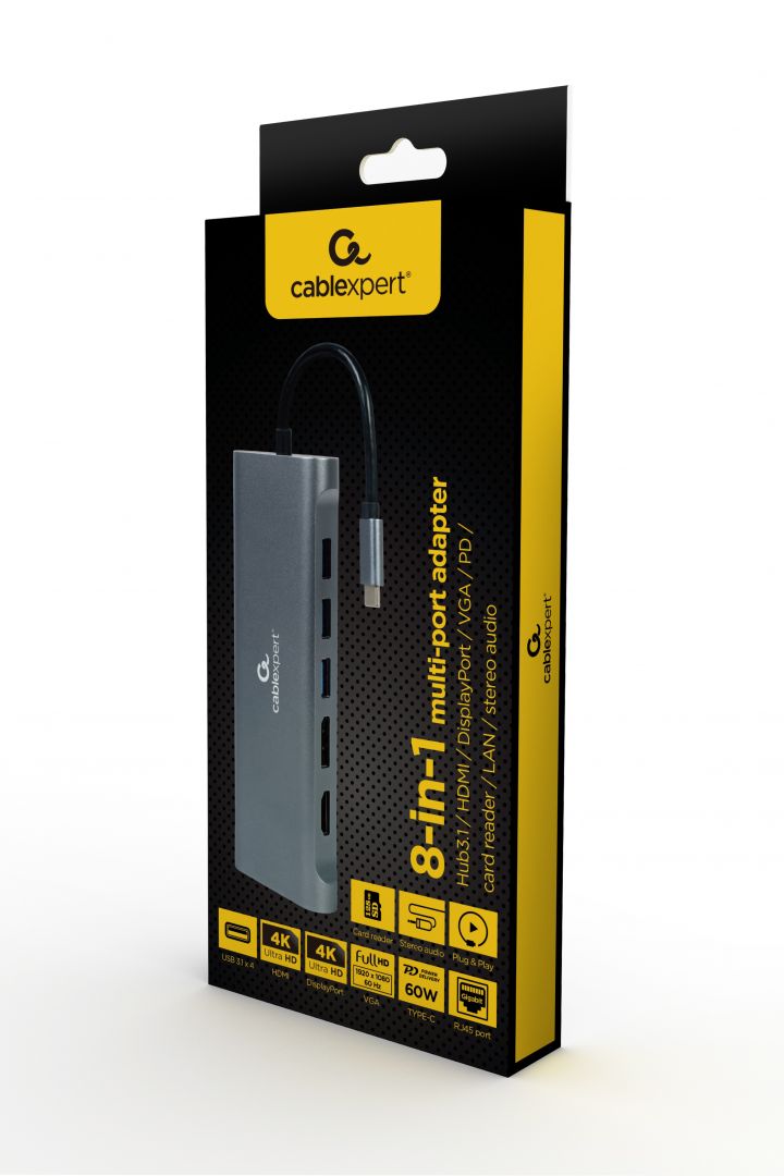 Gembird A-CM-COMBO8-01 USB Type-C 8-in-1 Multi-Port Adapter Space Grey