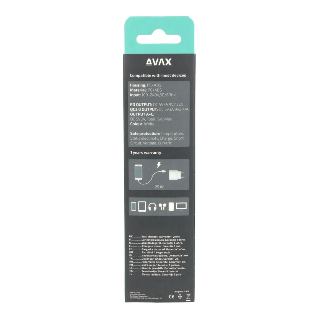 Avax CH631W FIVEY+ 25W GaN USB A + Type C Fast Charger White