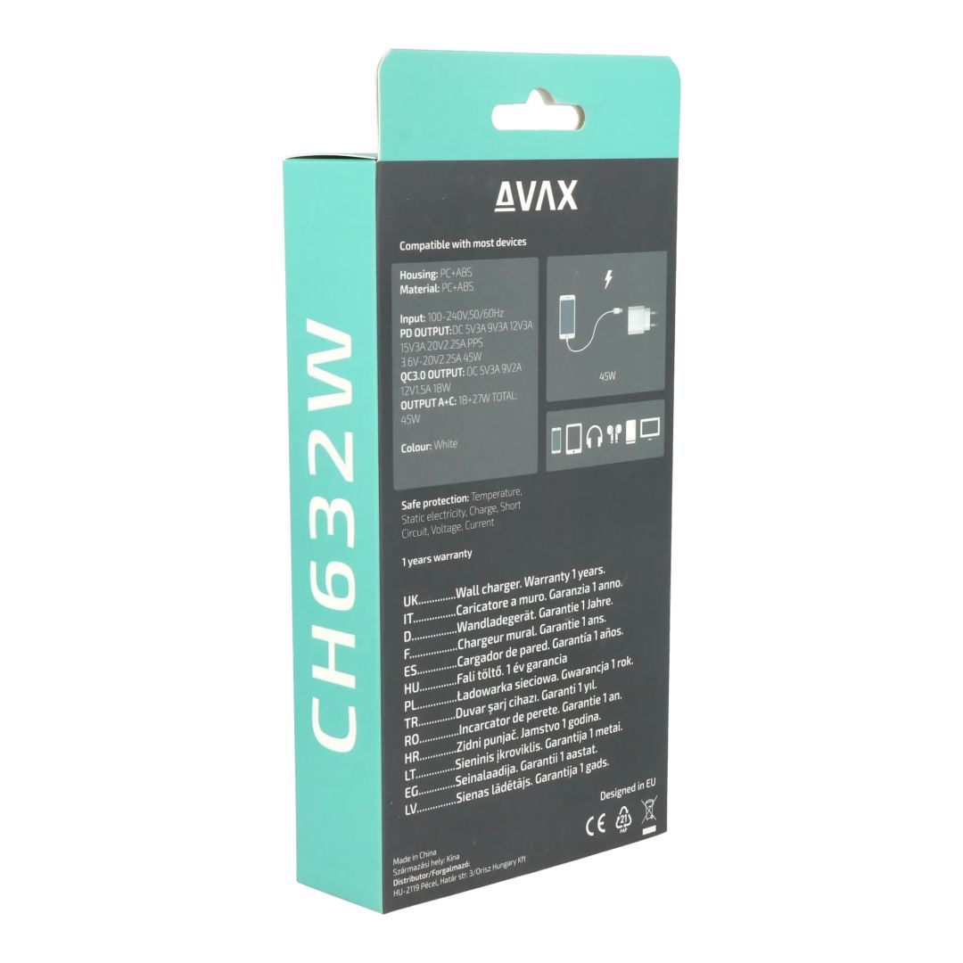 Avax CH632W FIVEY+ 45W GaN USB A + Type C Fast Charger White