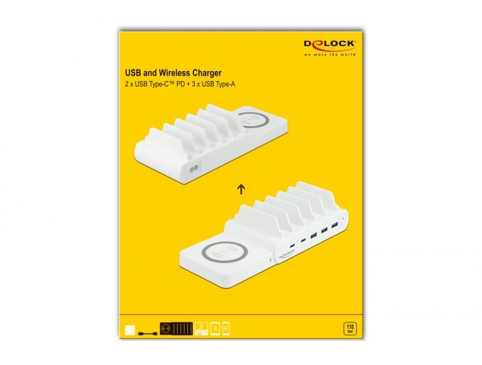 DeLock USB and Wireless Charger 2x USB Type-C PD + 3x USB Type-A with 110 W