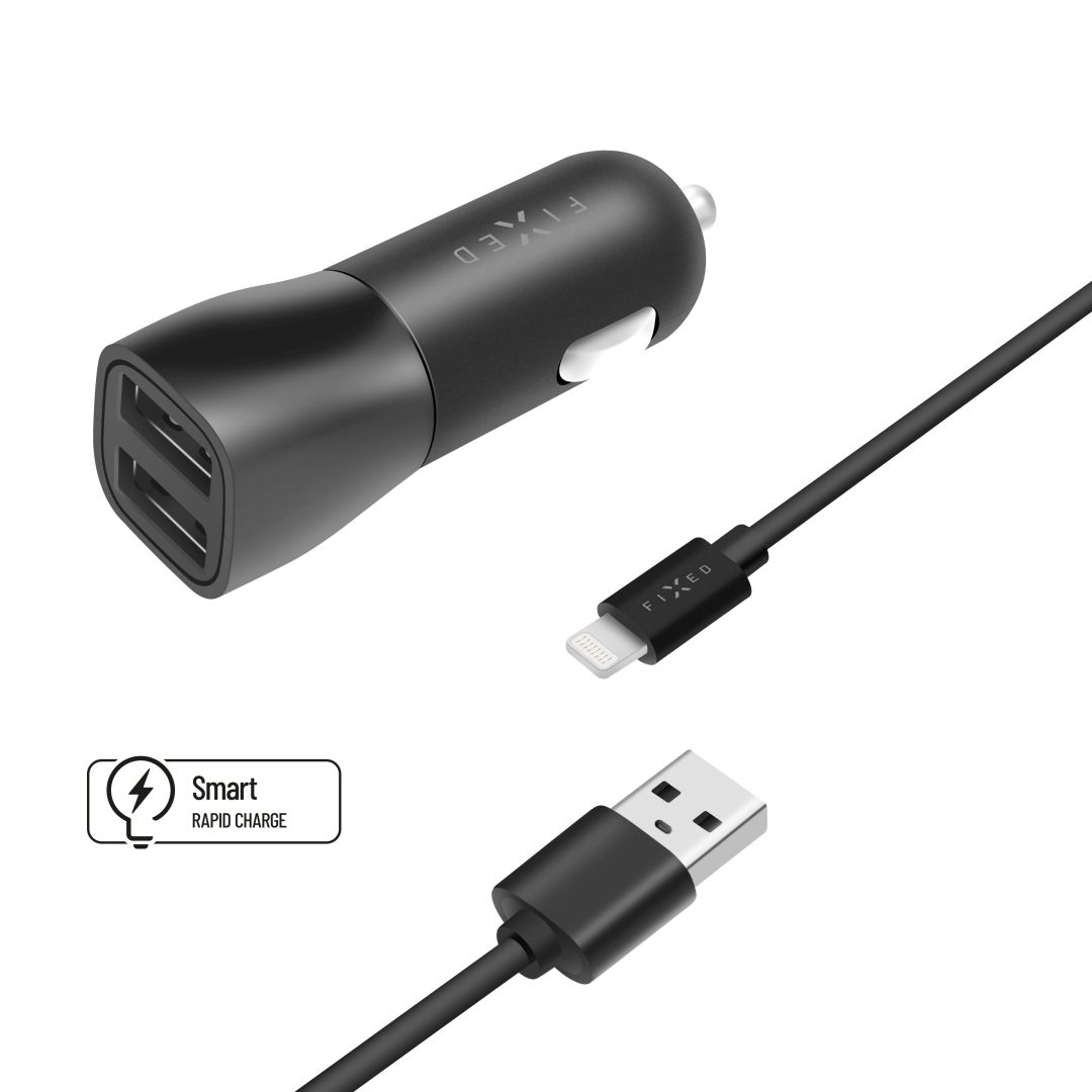 FIXED Dual USB Car Charger 15W + USB/Lightning Cable Black