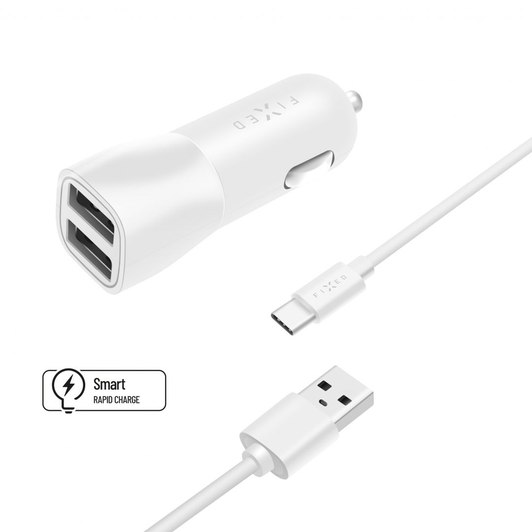 FIXED Dual USB Car Charger 15W + USB/USB-C Cable, Fehér