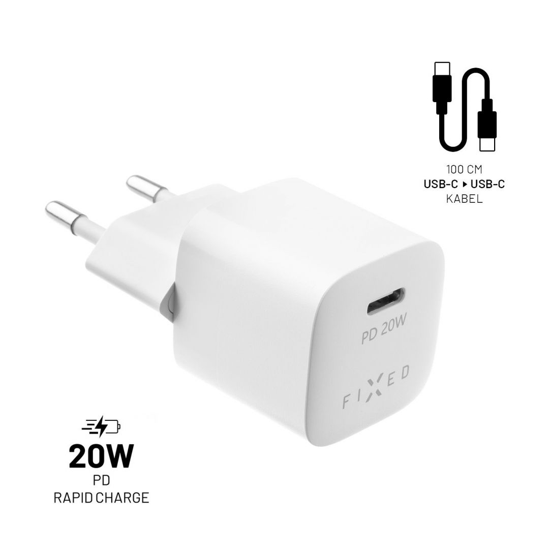 FIXED Mini Travel Charger 20W + USB-C/USB-C Cable, Fehér