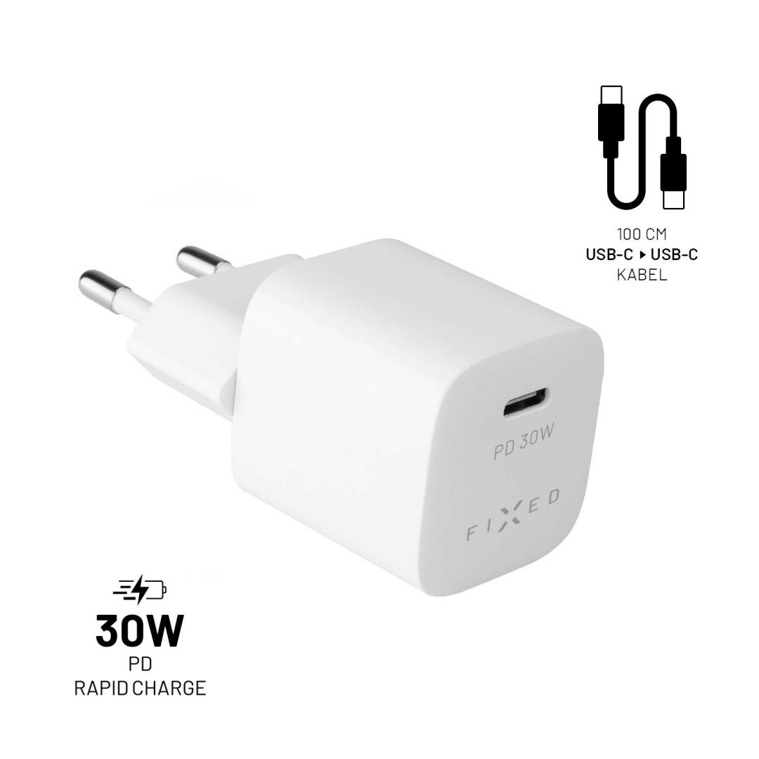 FIXED Mini Travel Charger 30W + USB-C/USB-C Cable, Fehér