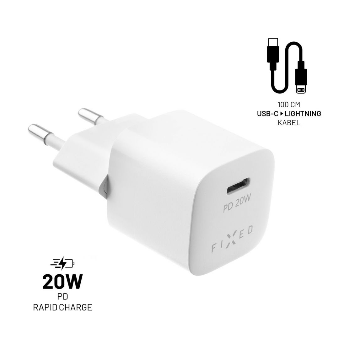 FIXED Mini USB-C Travel Charger 20W + USB-C/Lightning Cable, Fehér