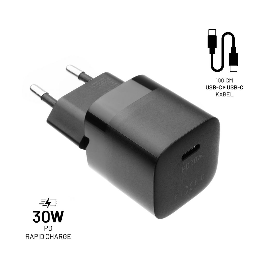 FIXED Mini USB-C Travel Charger 30W + USB-C/USB-C Cable, Fekete