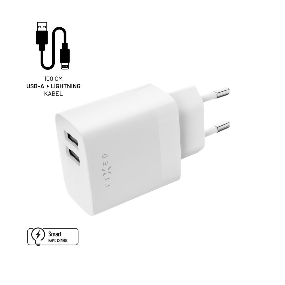 FIXED Network charger set with 2xUSB output and USB/Lightning cable 17W Smart Rapid Charge 1m White