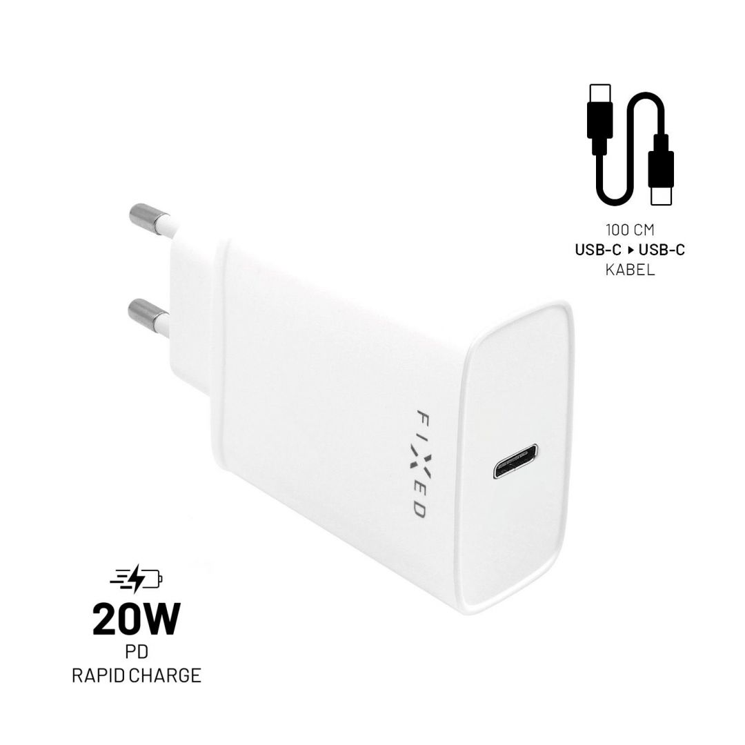 FIXED USB-C Travel Charger 20W + USB-C/USB-C Cablet, Fehér