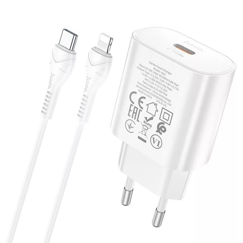 Hoco 25W PD + QC Type-C fehér hálózati töltő adapter + 1m Type-C to Lightning kábel