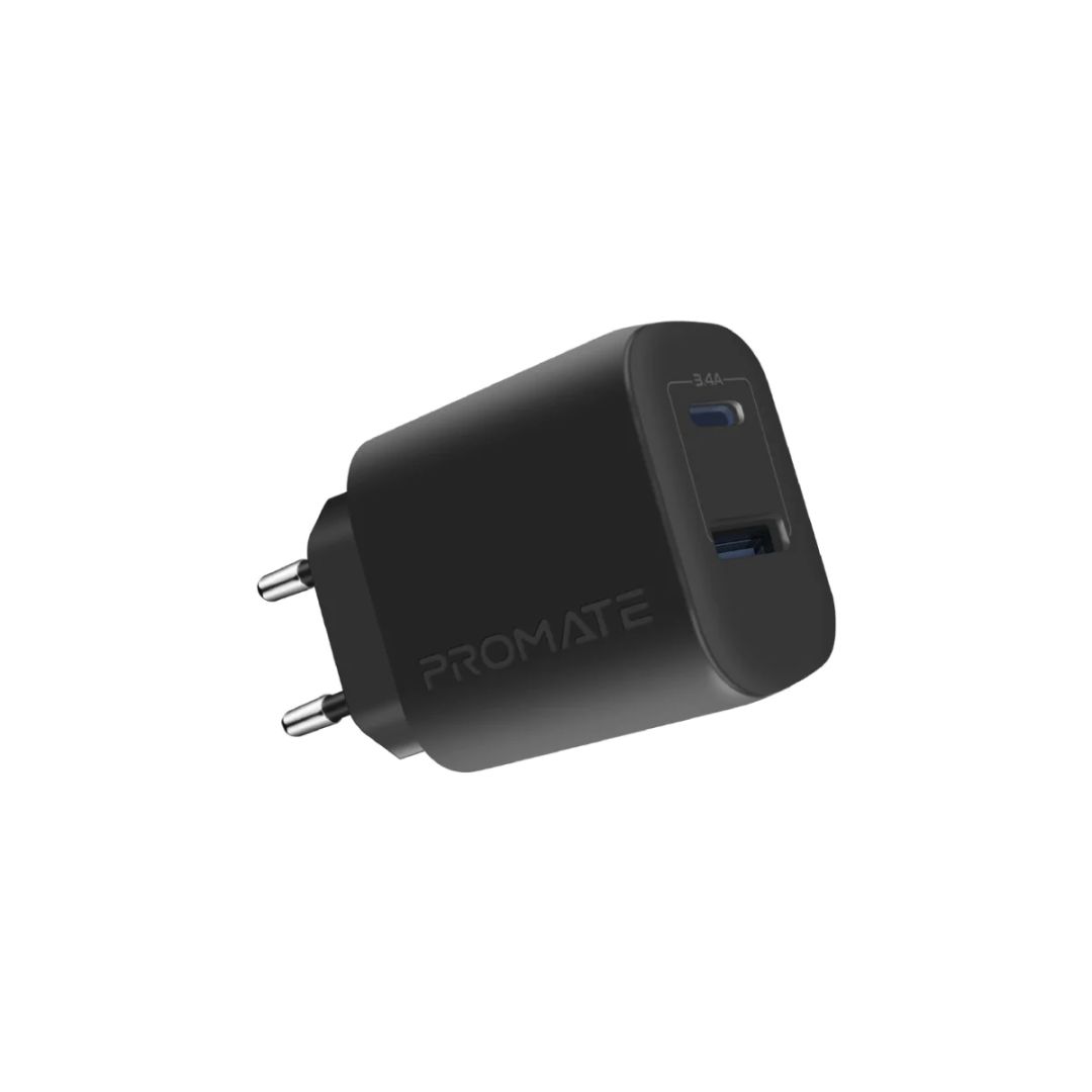 Promate  BiPlug-2 17W High-Speed Dual Port Charger Black