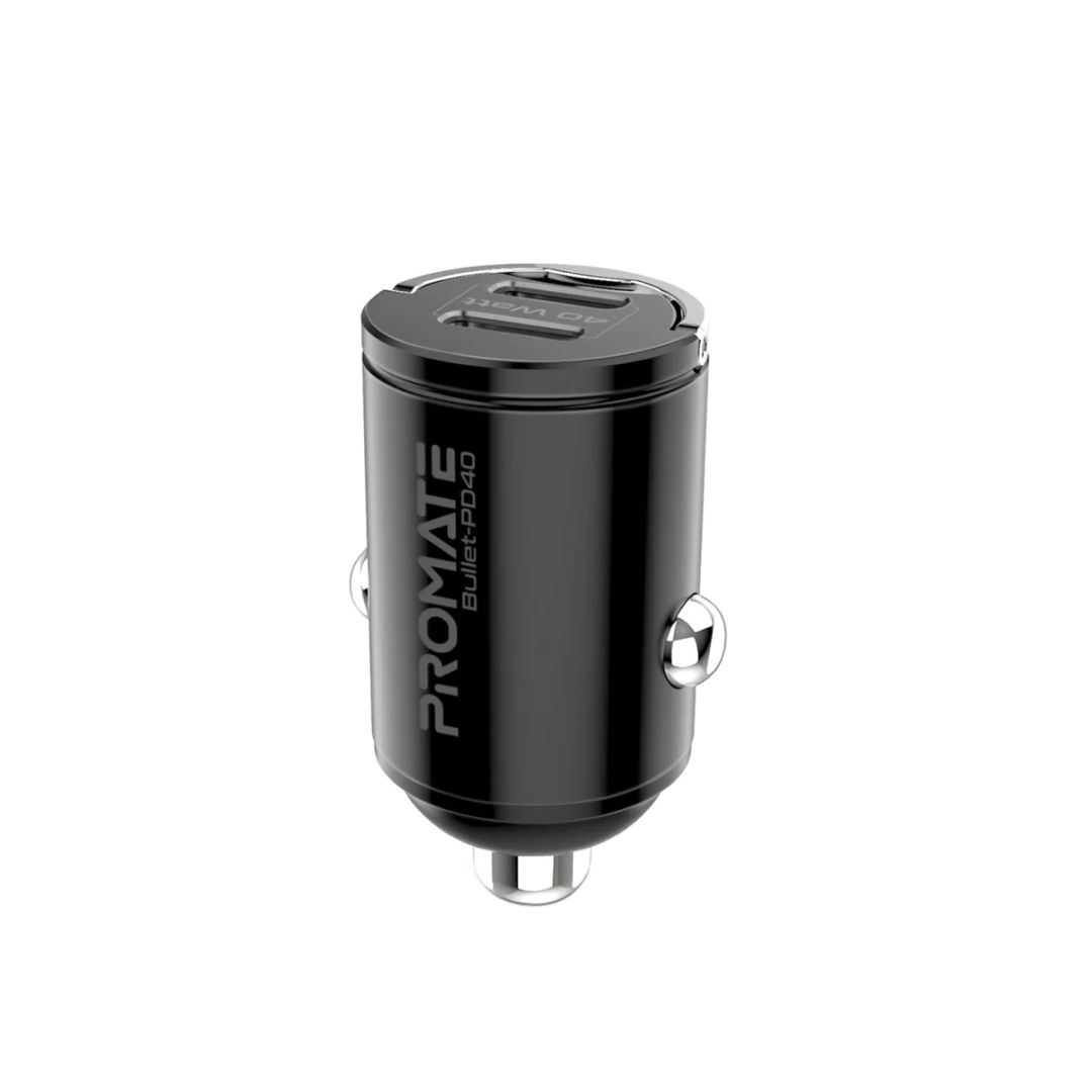 Promate  Bullet-PD40 RapidCharge 40W Car Charger with Dual USB-C Power Delivery Ports Black