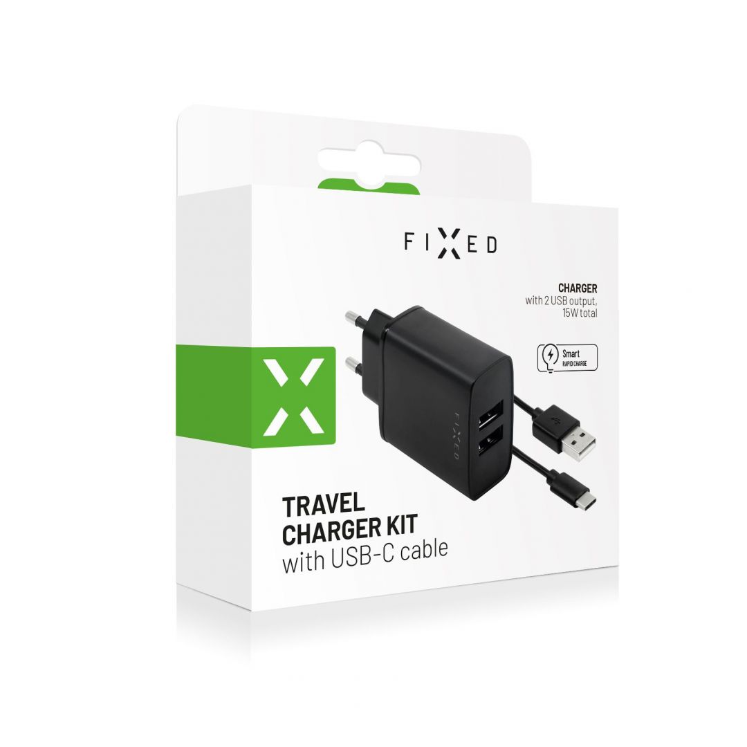 FIXED Set mains charger with 2xUSB output and USB/USB-C cable, 1 meter, 15W Smart Rapid Charge Fekete