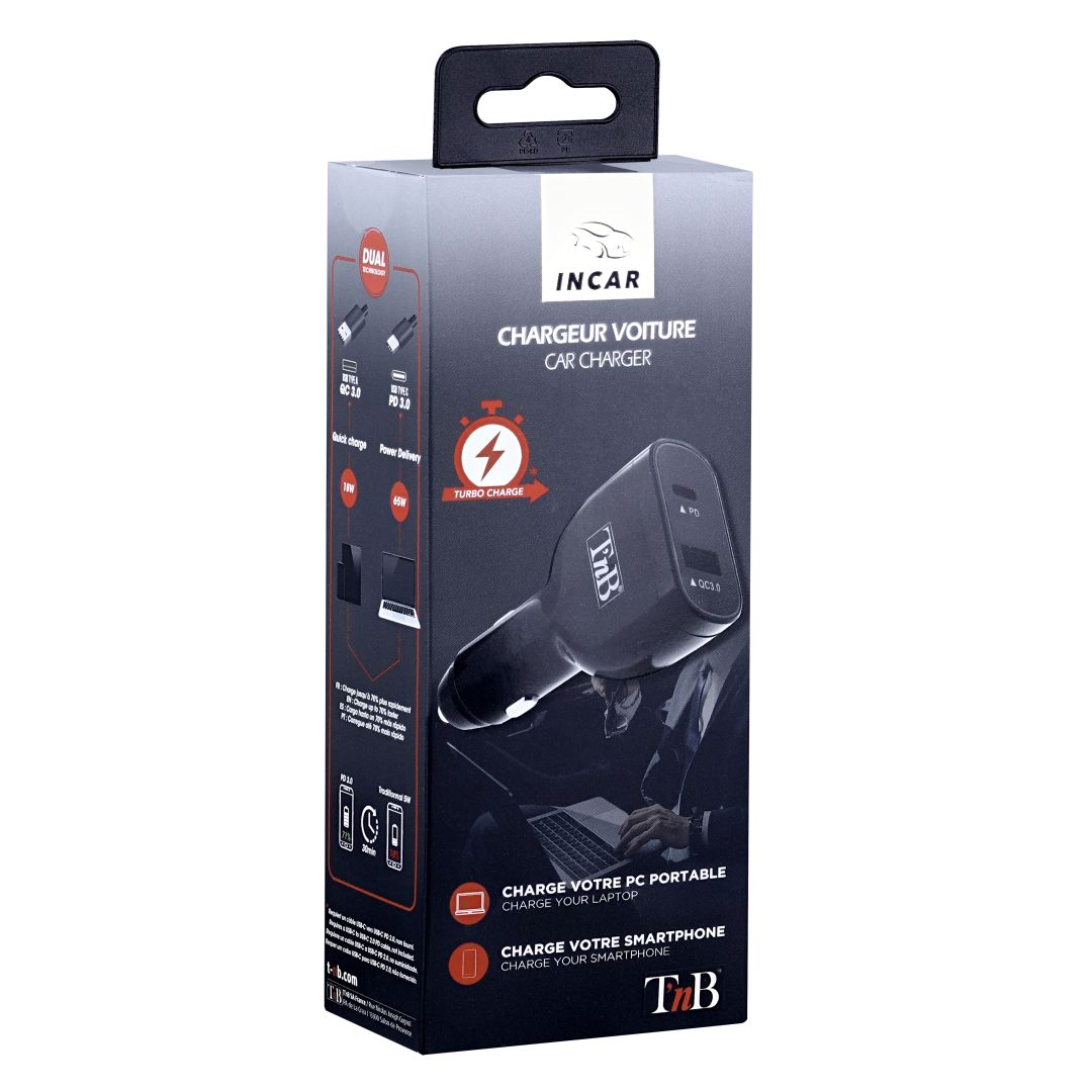 TnB 65W USB & USB Type-C Quick Charge and Power Delivery Car Charger Black
