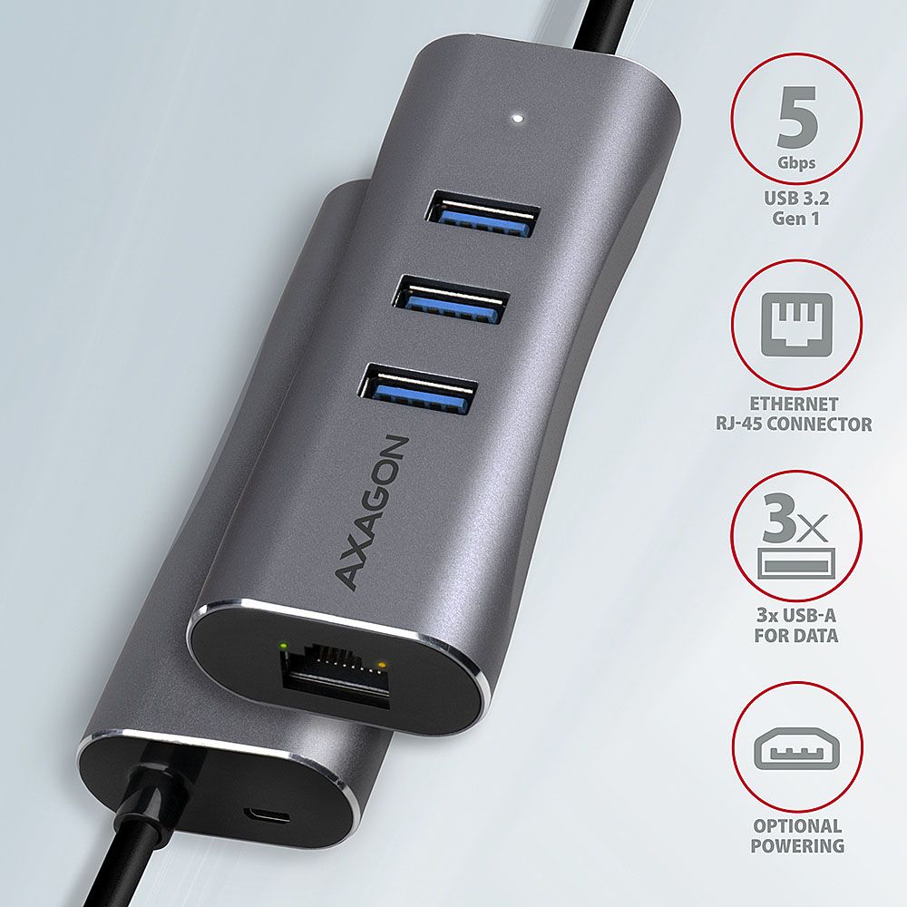 AXAGON HMA-GL3AP USB3.2 multiport Hub 3-port + LAN metal silver