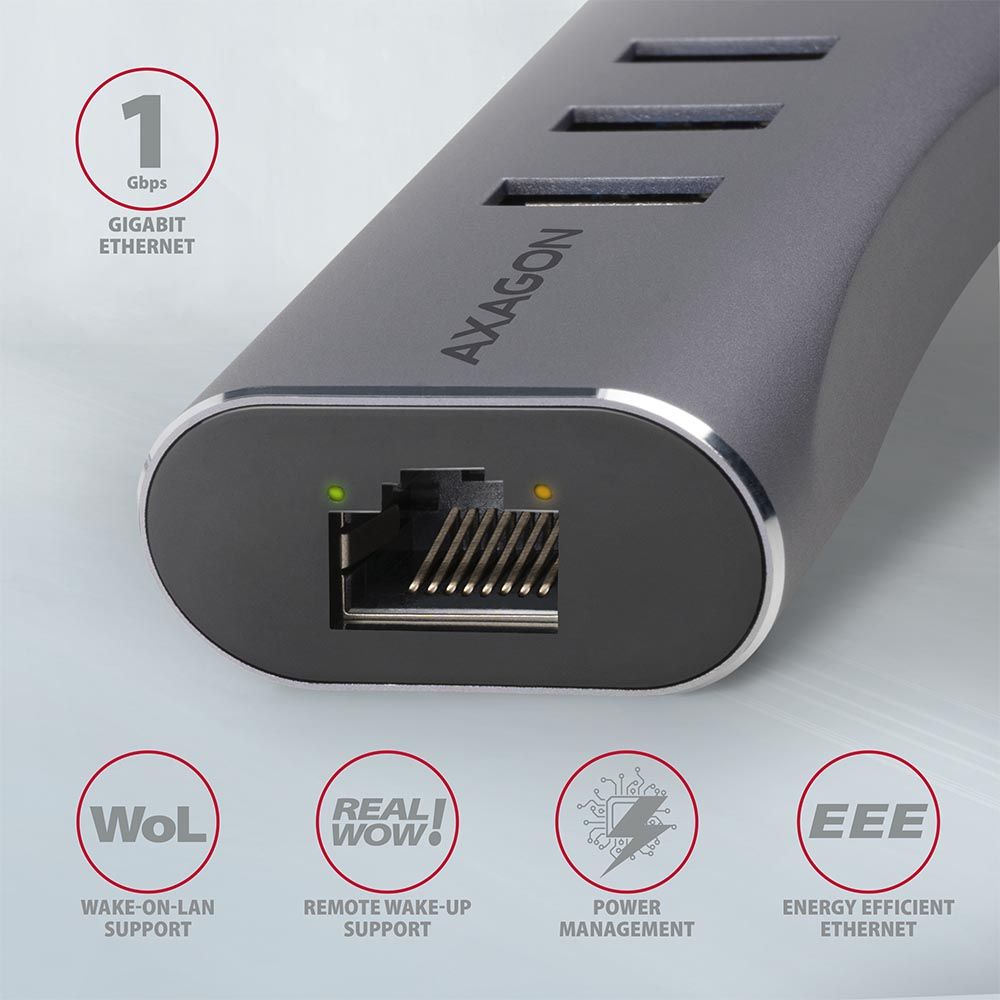 AXAGON HMA-GL3AP USB3.2 multiport Hub 3-port + LAN metal silver