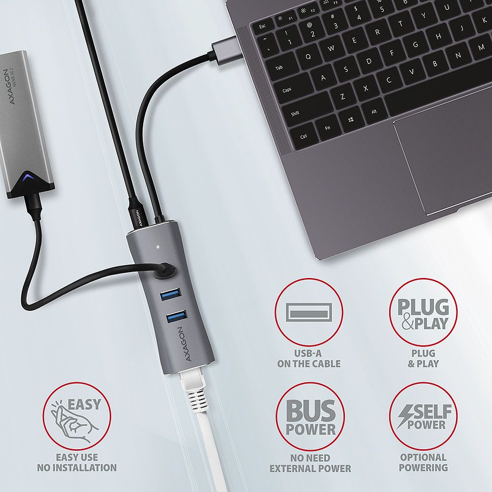 AXAGON HMA-GL3AP USB3.2 multiport Hub 3-port + LAN metal silver