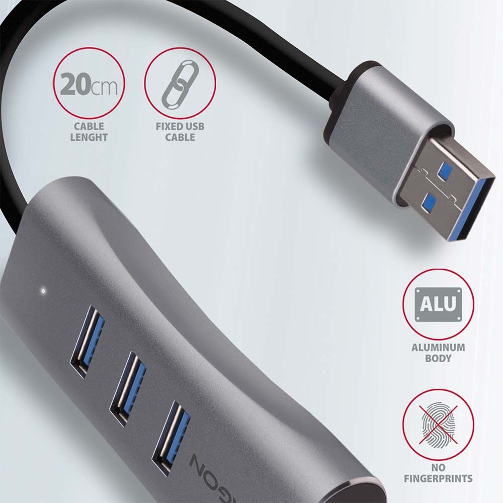 AXAGON HMA-GL3AP USB3.2 multiport Hub 3-port + LAN metal silver