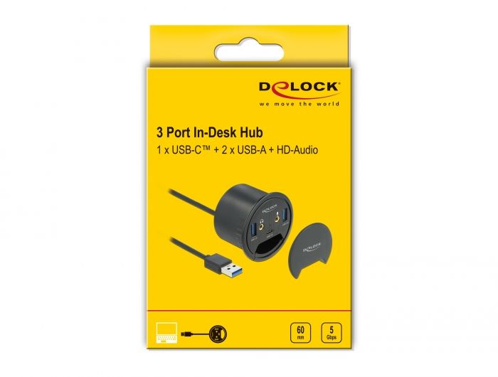 DeLock 3 Port In-Desk Hub USB 1x USB Type-C and 2x USB Type-A + HD-Audio Ports