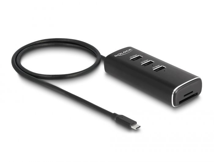 DeLock 3 Port USB 10 Gbps Hub including SD and Micro SD Card Reader with USB Type-C connector 60 cm Cable and Switch for each port Black