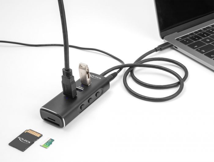 DeLock 3 Port USB 10 Gbps Hub including SD and Micro SD Card Reader with USB Type-C connector 60 cm Cable and Switch for each port Black