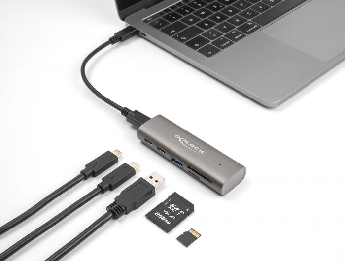 DeLock 3 Port USB 10 Gbps Hub including SD and Micro SD Card Reader with USB Type-C connector Grey