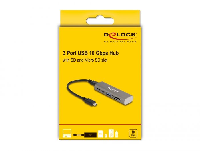 DeLock 3 Port USB 10 Gbps Hub including SD and Micro SD Card Reader with USB Type-C connector Grey
