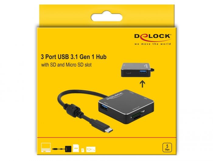 DeLock 3Port USB 3.1 Gen 1 Hub with USB Type-C Connection and SD + Micro SD Slot