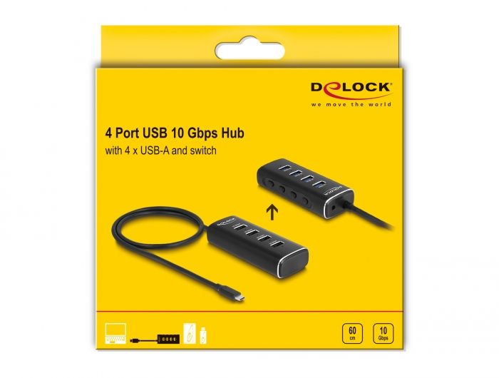 DeLock 4 Port USB 10 Gbps Hub with USB Type-C connector 60 cm Cable and Switch for each port