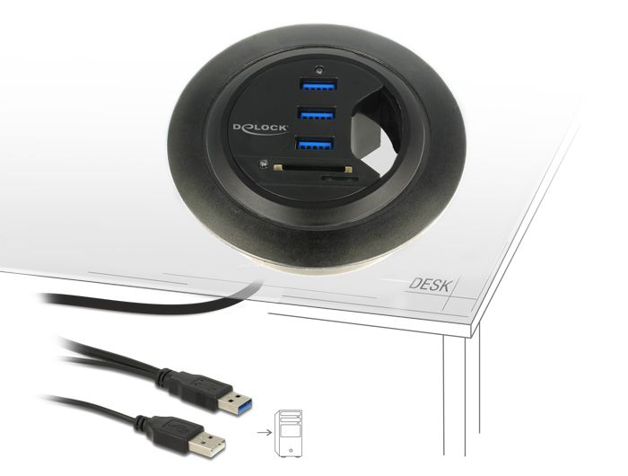 DeLock In-Desk Hub 3 Port USB 3.0 + 2 Slot SD Card Reader